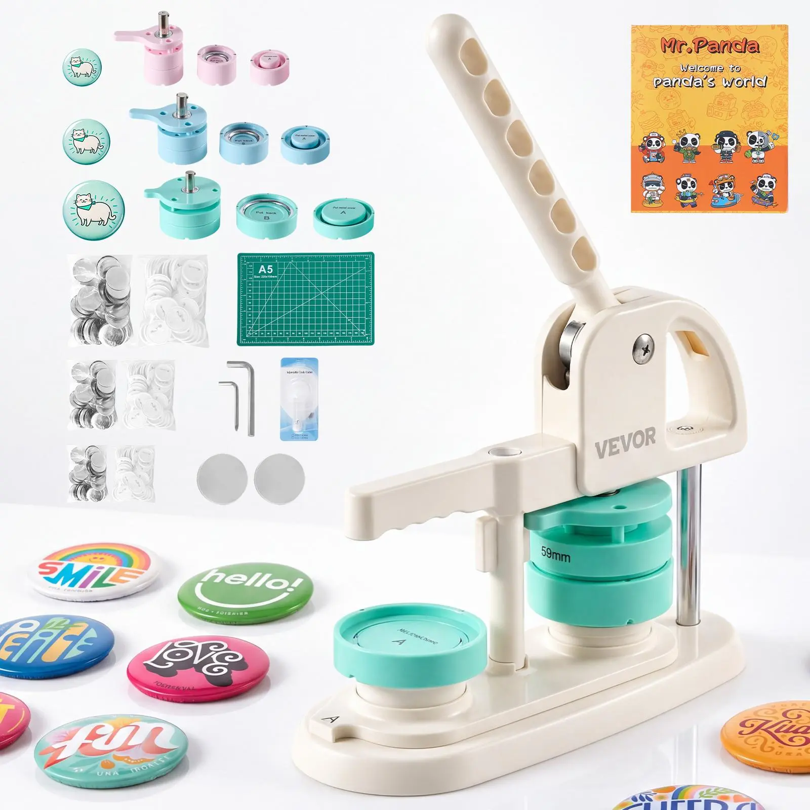 VEVOR DIY Badge Button Maker Machine, 1"/1.25"/2.25"(25/32/58 mm) Quick-Change Plastic Pin Maker with 300pcs Button Parts, Circle Cutter, Magic Book, Reinforced Handle, Mr.Panda Set