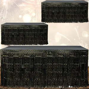 New Year's Eve Party Fringe Table Skirt| (3 Pcs Pack) Black - Gold Stars Metallic Skirt| 108" Long x 29" Inch Tall, New Years Party Table Decoration| Table decor Anniversaries, Graduations|BASHOUT