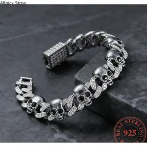 Men's 925 Silver-Finish Iced Cuban Link Bracelet, Hip Hop Streetwear Punk Gothic Biker Jewelry, Trendy Rap Accessory for Daily Wear, Parties, Urban Style Outfits