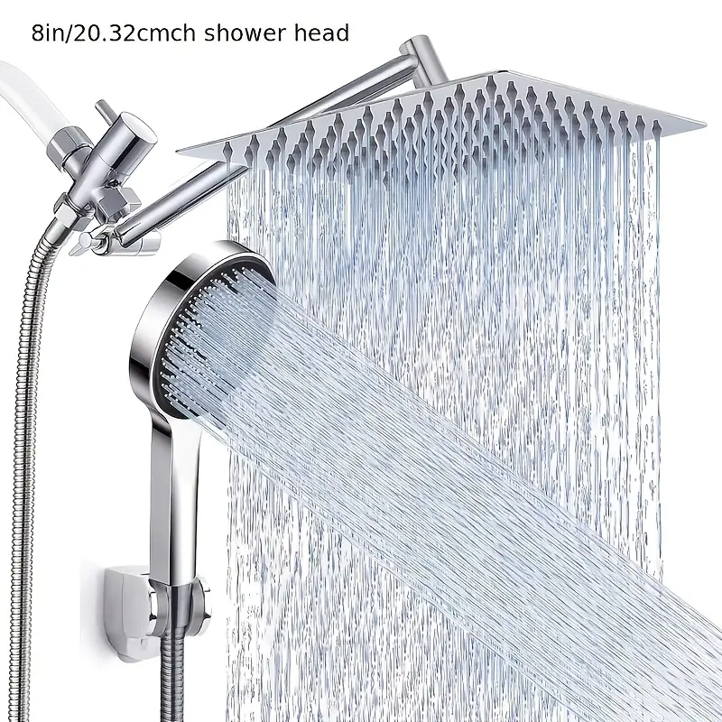 8in/20.32cm Shower Head, High Pressure Rainfall/Handheld Shower Combo Anti-Leak Shower Head With Holder, Height/Angle Adjustable, Chrome, Matte Black Easy to Install