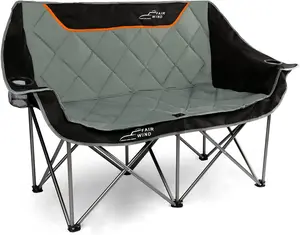 Oversized Fully Padded Camping Chair Folding Loveseat Camping Couch Double Duo Chair Heavy Duty Quad Fold Chair Arm Chair with Cup Hold - Supports 650 LBS Black