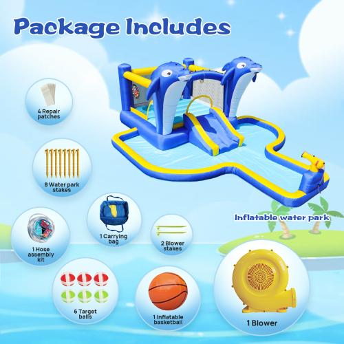 8-in-1 Inflatable Water Park with Slide, Trampoline, Dolphin Sprinkler & Target games & Water gun & Basketball