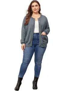 Agnes Orinda Women's Plus Size Long Sleeve Button Down Crew Neck Classic Sweater Knit Cardigan