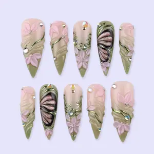 Spring Floral Press On Nails with Green Swirl & Butterfly, 3D Long Stiletto Fake Nails, Fresh Handmade Nail Art for Spring, Birthday, Garden Party, Elegant Statement Nails, Gift for Her