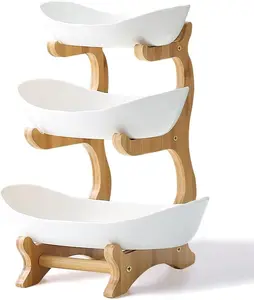3 Tier Ceramic Fruit Bowl with Bamboo Wood Stand for Kitchen Counter Porcelain Oval Basket for Vegetable Storage Snack Dessert Cake Tray Rack for Party Wedding White Durable Anti-slip Design Organiser Wooden