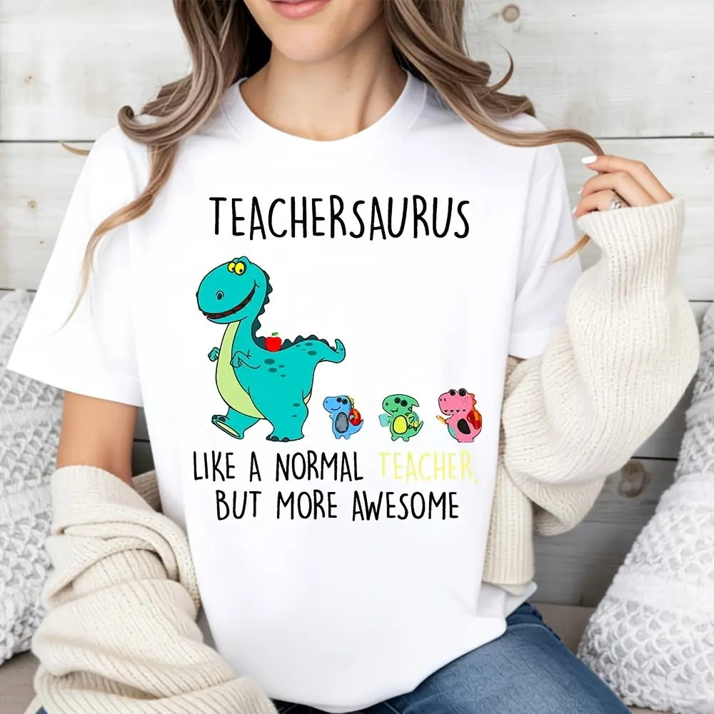 Cute Cartoon Style, Women's T-Shirt, Teachersaurus Dinosaur With Apple And Students, Back To School Season, Gift For Teacher women