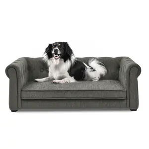 Dark Grey Elevated Pet Sofa 40x23x14 Inch Modern Raised Dog Couch Soft Padded Washable Fabric Sturdy Construction 100LBS Capacity for Small Medium Dogs Cats Indoor Pet Furniture
