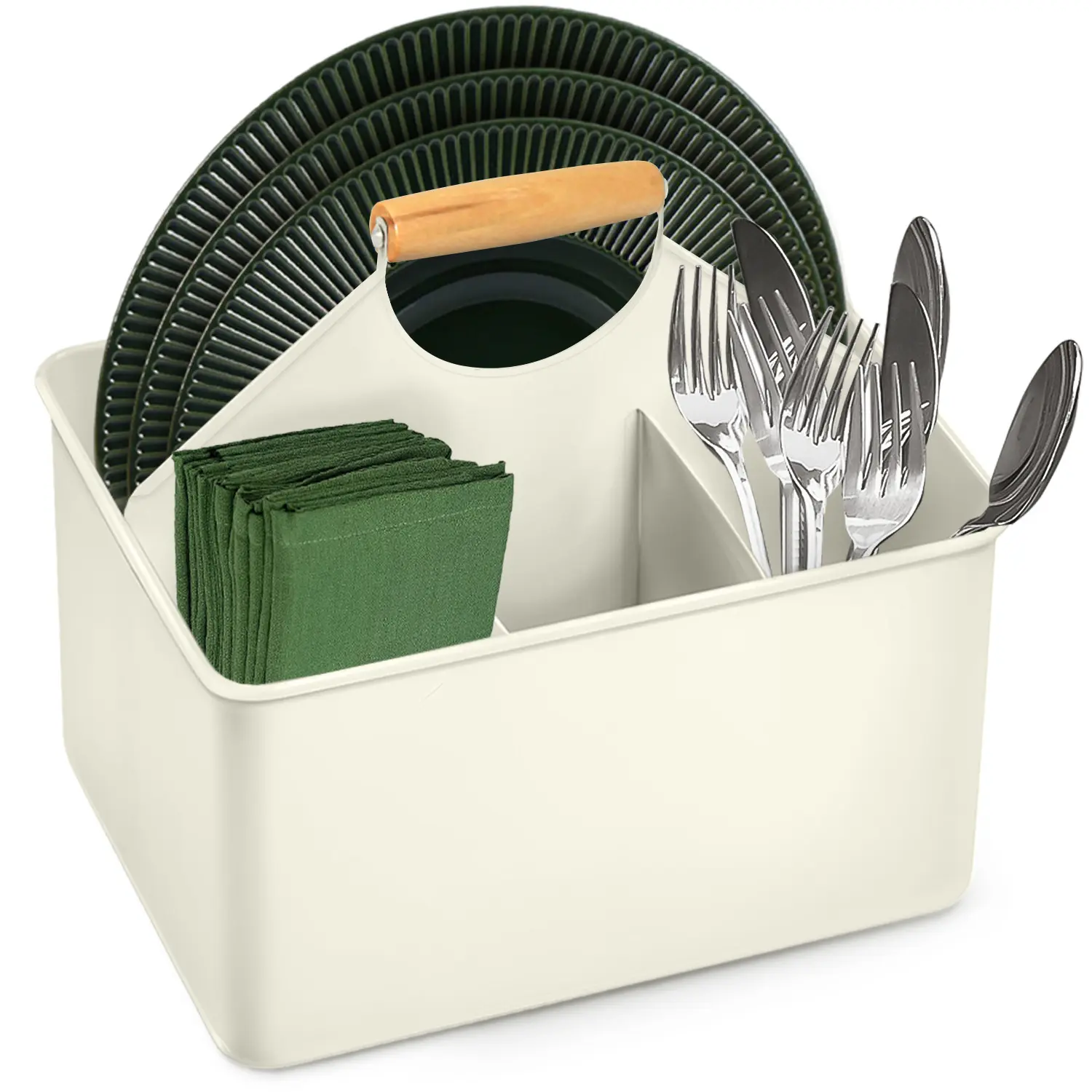 Plexon Metal Utensil Caddy with Handle – Farmhouse Rustic Cutlery Organizer, 4 Compartment Silverware Holder for Party, Picnic, Kitchen, Patio – White, Off-White, Red, Silver