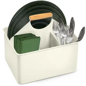 Plexon Metal Utensil Caddy with Handle – Farmhouse Rustic Cutlery Organizer, 4 Compartment Silverware Holder for Party, Picnic, Kitchen, Patio – White, Off-White, Red, Silver