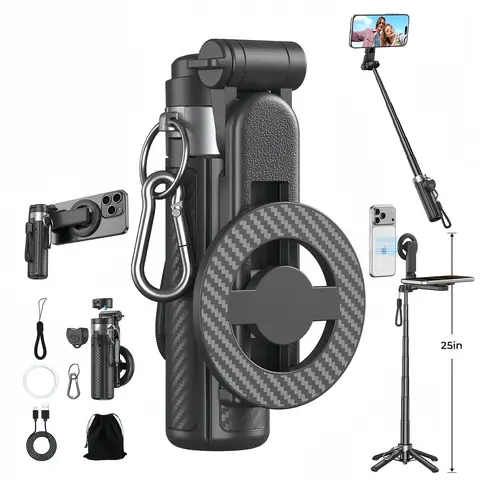 5-in-1 Handheld Smartphone Multi-Tool Accessory - Carbon Fiber Foldable Selfie Stick with 10m Detachable Remote, 360° Camera Mount, 225° Tilt Head, 25in Extendable Stabilizer, Adjustable Self-Timer Tripod, Device Stand & Holder for Vlogging