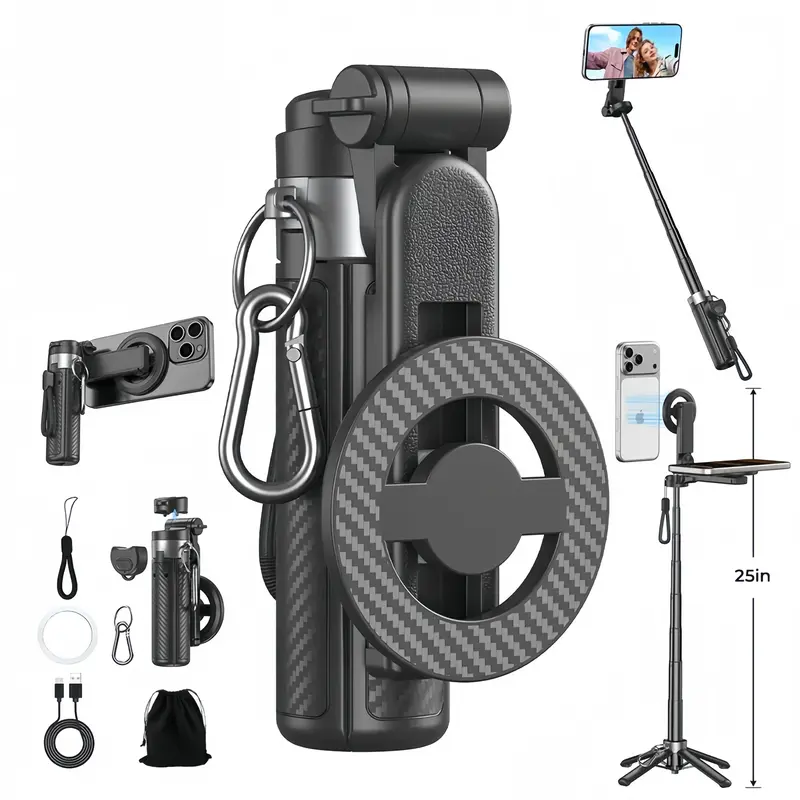 5-in-1 Handheld Smartphone Multi-Tool Accessory - Carbon Fiber Foldable Selfie Stick with 10m Detachable Remote, 360° Camera Mount, 225° Tilt Head, 25in Extendable Stabilizer, Adjustable Self-Timer Tripod, Device Stand & Holder for Vlogging