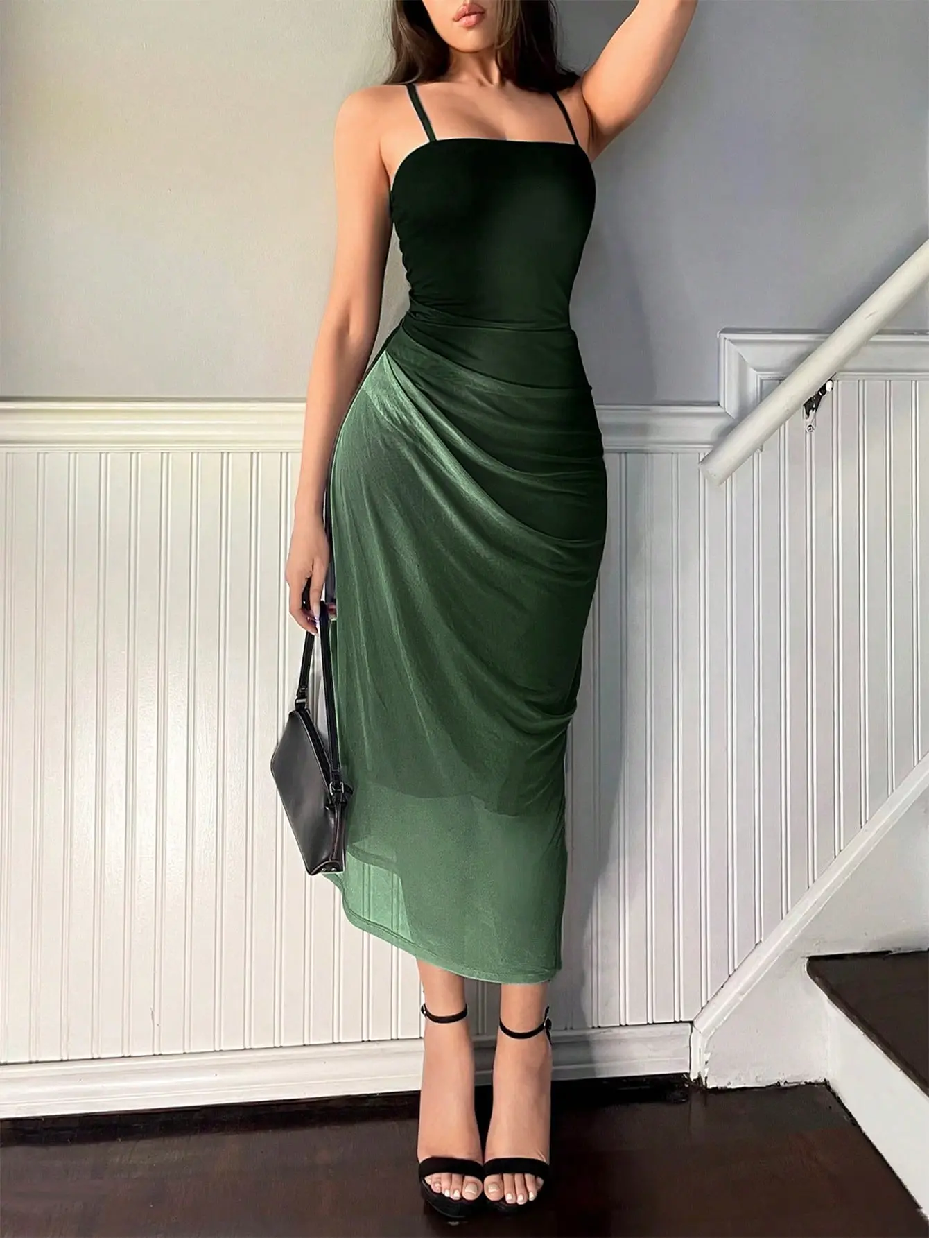 Women’s Ombre Pleated Maxi Cami Dress - Elegant Long Summer Vacation Party Dress, long summer dress women, elegant gradient dress, summer vacation dress,