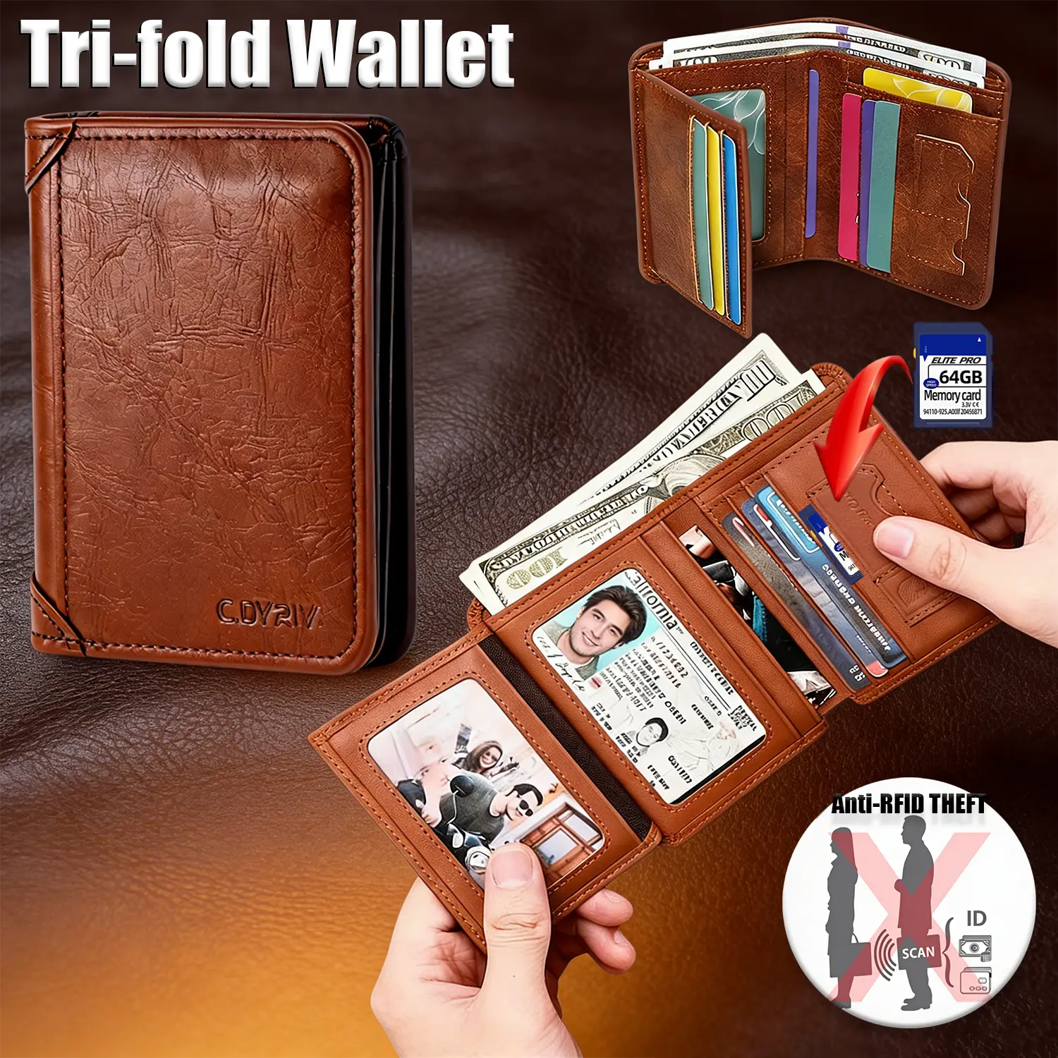 Men's RFID Blocking Top Cowhide Leather Tri-Fold Wallet - Valentine's Day Gift, 2 ID Windows, 11 Credit Card Slots, Casual Lightweight Waterproof Multi-Function Holder with Utility Pocket, Durable Retro Short Design, Rfid Blocking Wallet, Men's Wallets, C