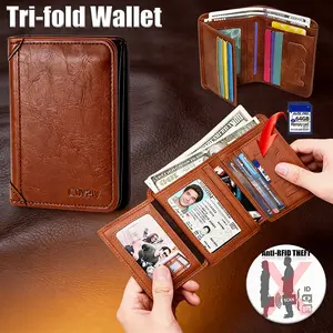 Men's RFID Blocking Top Cowhide Leather Tri-Fold Wallet - Valentine's Day Gift, 2 ID Windows, 11 Credit Card Slots, Casual Lightweight Waterproof Multi-Function Holder with Utility Pocket, Durable Retro Short Design, Rfid Blocking Wallet,summervibes