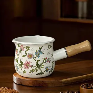 Mini Enamel Milk Kettle & Butter Heater, Wooden Handle, Dual Nozzles, Kitchen Essential, Durable Enamel, Cute Food Warmer