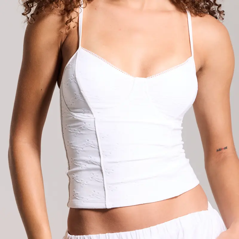 klassy Eyelet Corset Tank with Adjustable Straps and Picot Trim on Neckline, Double Lined, Free Padding Set Included