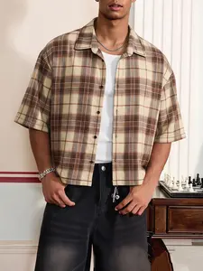 Men's Cropped Plaid Camp Collar Short Sleeve Shirt Oversized Loose Fit Retro Preppy Style Casual Streetwear Breathable Lightweight Summer Tops for Daily Wear Urban Fashion Statement #springsaledeals2026 #summeroutfits #menshirts #streetwear