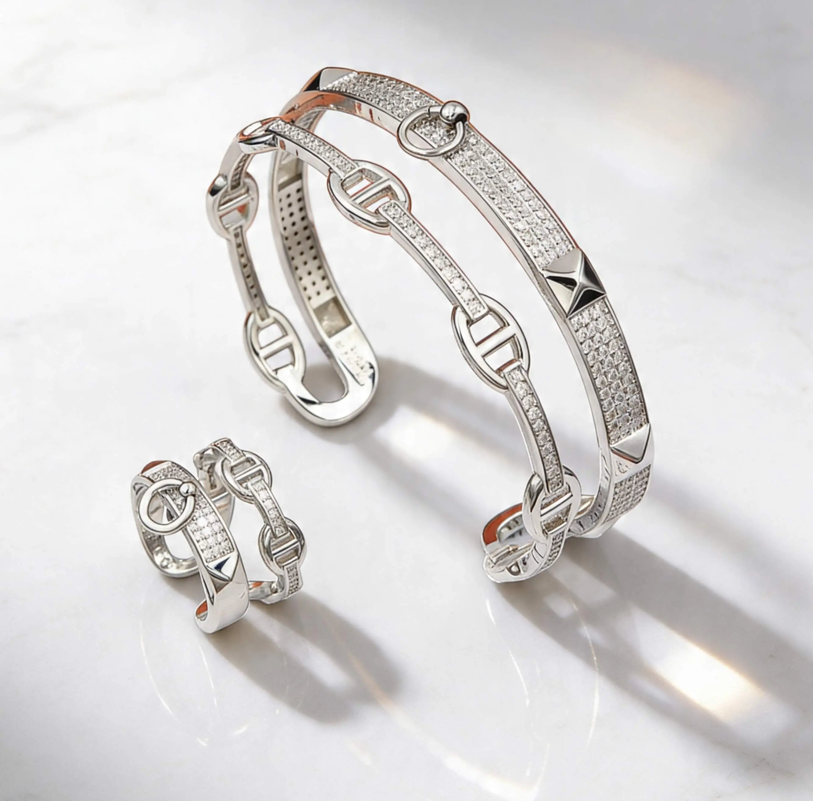 Two Piece Set - Cuff Bracelet & Adjustable Ring in Two Colors - Elegant Jewelry Collection