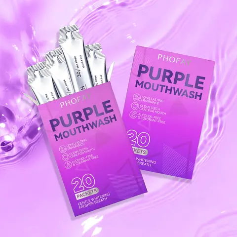 PHOFAY Purple Oral Care Portable Non-Alcoholic Mouthwash, 20 Pack Sachets - Minty, Peroxide-Based, Breath-Freshening, Gum-Supporting, Color-Correcting, Hydrating, Portable Mouthwash
