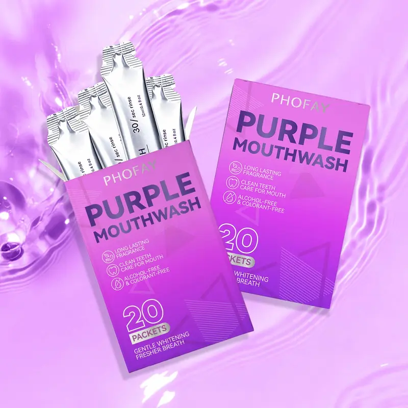 PHOFAY Purple Oral Care Portable Non-Alcoholic Mouthwash, 20 Pack Sachets - Minty, Peroxide-Based, Breath-Freshening, Gum-Supporting, Color-Correcting, Hydrating, Portable Mouthwash