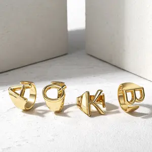 Hermah Gold Color Open Rings For Women Men Alphabet Initial Letter Rings Adjustable Birthday Wedding Party Christmas Gifts