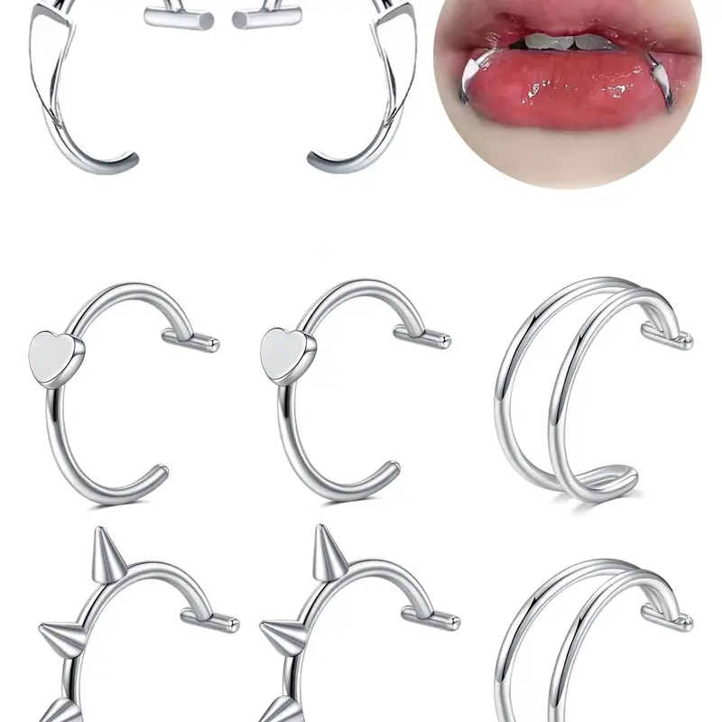 Adjustable Stainless Steel Fake Lip Rings, Non-Piercing Fake Lip Piercing Lip Cuff Labret Jewelry for Women & Men Halloween Fake Piercings
