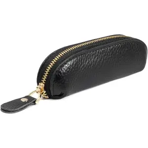 Full Grain Leather Coin Pouch - Travel Small Coin Purse with Zipper - Mini Key Pouch Change Purse  Women and Men (Black)