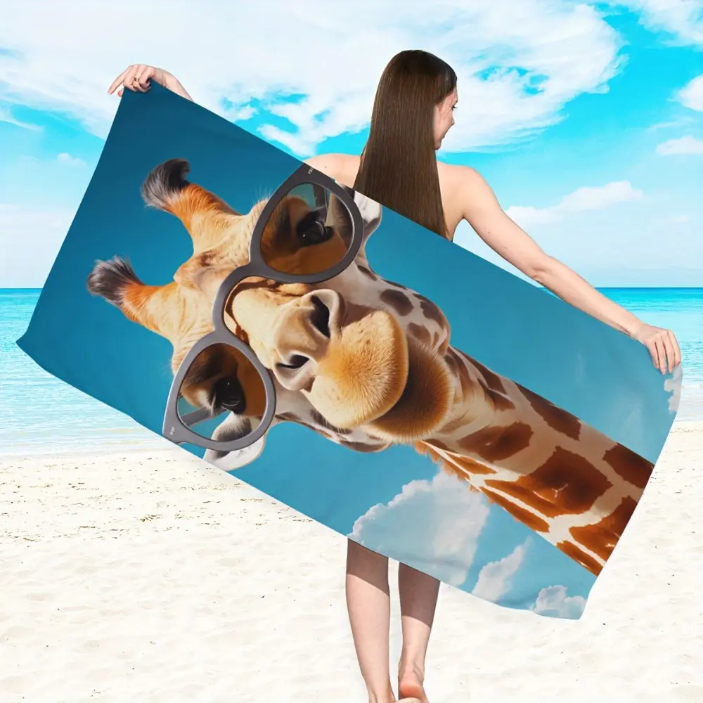 Giraffe print design with glasses, ultra-fine fiber bath towel, beach towel, quick drying, absorbent, soft, suitable for seaside vacations, pool parties, outdoor picnics, surfing, yoga, camping, fitness, sunbathing and other scenes