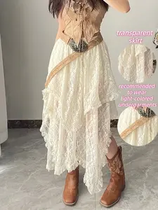 Versatile Layered Asymmetrical Lace Skirt, Boho Vacation Style Womenswear Midi Skirt, Jeans Festival, Summer Daily Wear, No Belt, Lightweight
