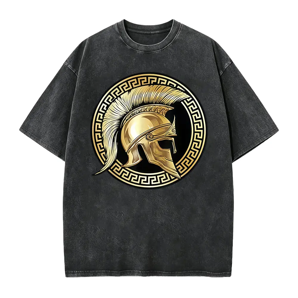 Golden Spartan Helmet Greek Key Circle Graphic Tee, Ancient Greece Gladiator Retro Men Short Sleeve T-Shirt, History Lover Gym Casual Top