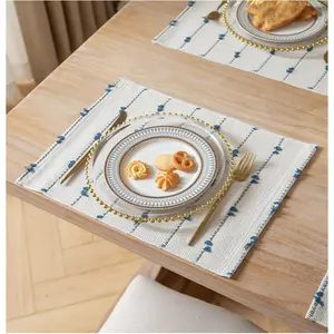 Boho Placemats Set of 6 for Dining Table Decor, Woven Cloth Place Mats for Farmhouse Rustic Kitchen Home Decor, Cotton Placemats 13 x 19 Inch, Blue and Beige Table mats