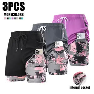 Women’s summer quick-dry sports shorts with double inner lining to prevent exposure, suitable for running, fitness training, and workouts, featuring a built-in phone pocket.