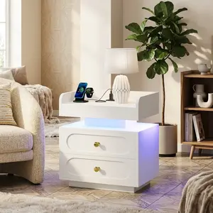 2 Pack Floating Nightstand with LED Lights, Charging Station AC Outlets & USB Ports, Smooth Slide Drawers Bedside Table with Gold Handle Rounded Corner, Modern MDF Side End Table for Bedroom Living Room, White Black Available