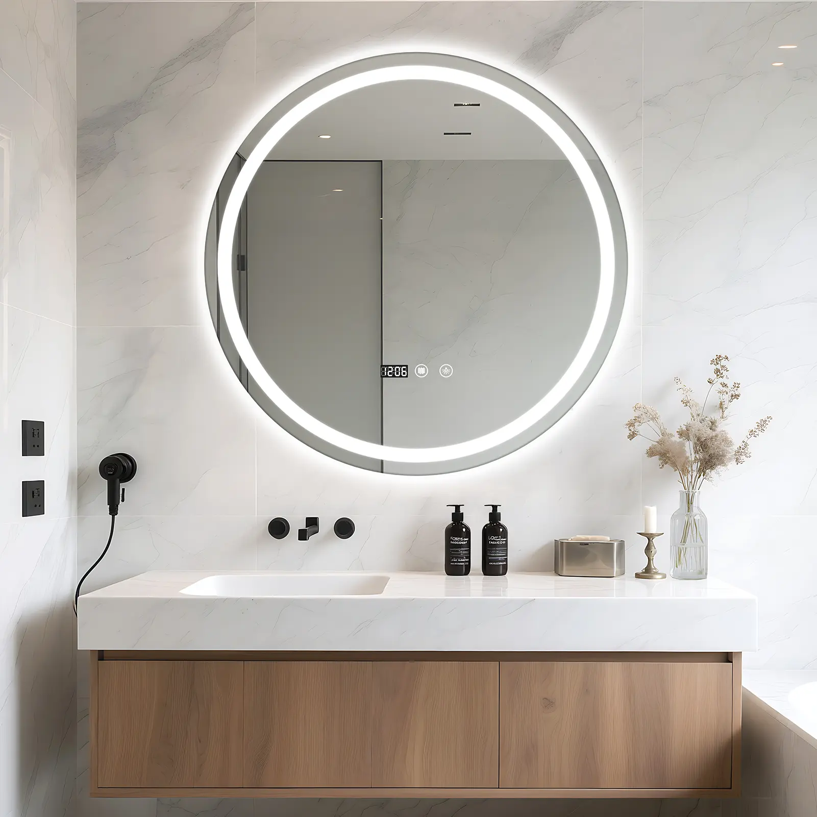 Round LED Bathroom Mirror 24" with Lights, Anti-Fog Wall Mount Vanity Mirror, Touch Sensor Switch, Time & Temp Display (℃), Energy-Saving, Explosion-Proof Tempered Glass, Perfect for Bathroom Bedroom Dressing Room