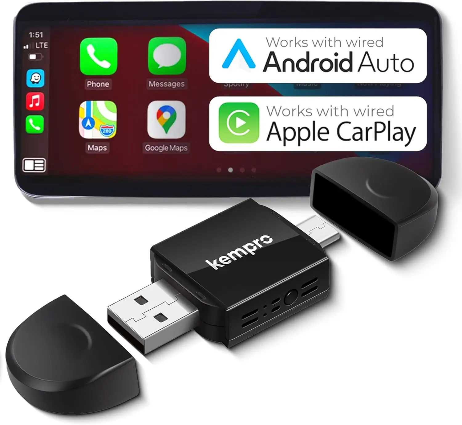 Kempro Wireless CarPlay Adapter - Plug-and-Play Dongle with Auto Reconnect, Compact Cable-Free Design, USB A & USB C Ports, Wired-to-Wireless Converter for 2017 Factory Wired CarPlay Cars, iOS 10+ & Android 11+ Compatible, Driving, Ios & Android Ok