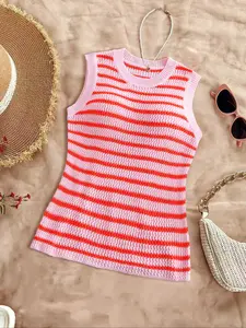 Women's Summer Spring Casual Striped Colorblock Knit Sleeveless Sweater Vest, Comfortable and Stylish Top for Daily Wear