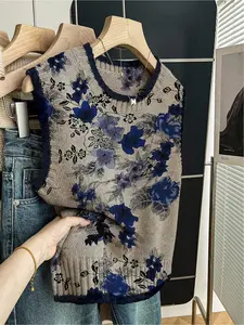 1 piece Spring and summer back-to-school loose round-neck sleeveless woolen knitted top with dark blue border and patchwork blue floral print, women's outerwear, Casual Comfy Vest