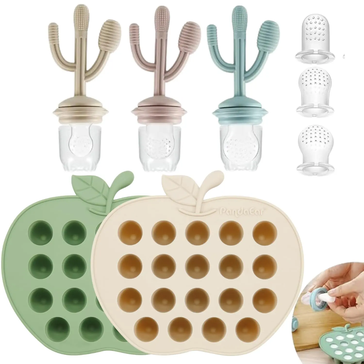 Baby Food Freezer Tray Silicone Infant Teething Tool, for Solid Food Introduction & 3 Sizes Breastmilk Popsicle Molds, BPA-Free 2-Pack Fruit Feeder Pacifiers with 2mm Anti-Choking Holes, 3M+ Ether/Sage