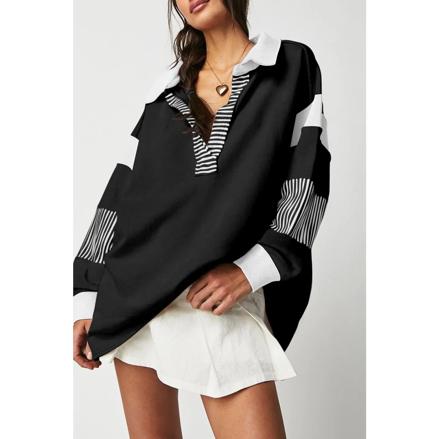 Black Striped Colorblock Patchwork Collar Sweatshirt Black Striped Colorblock Patchwork Collar Sweatshirt