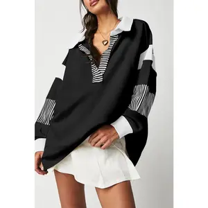 Black Striped Colorblock Patchwork Collar Sweatshirt Black Striped Colorblock Patchwork Collar Sweatshirt