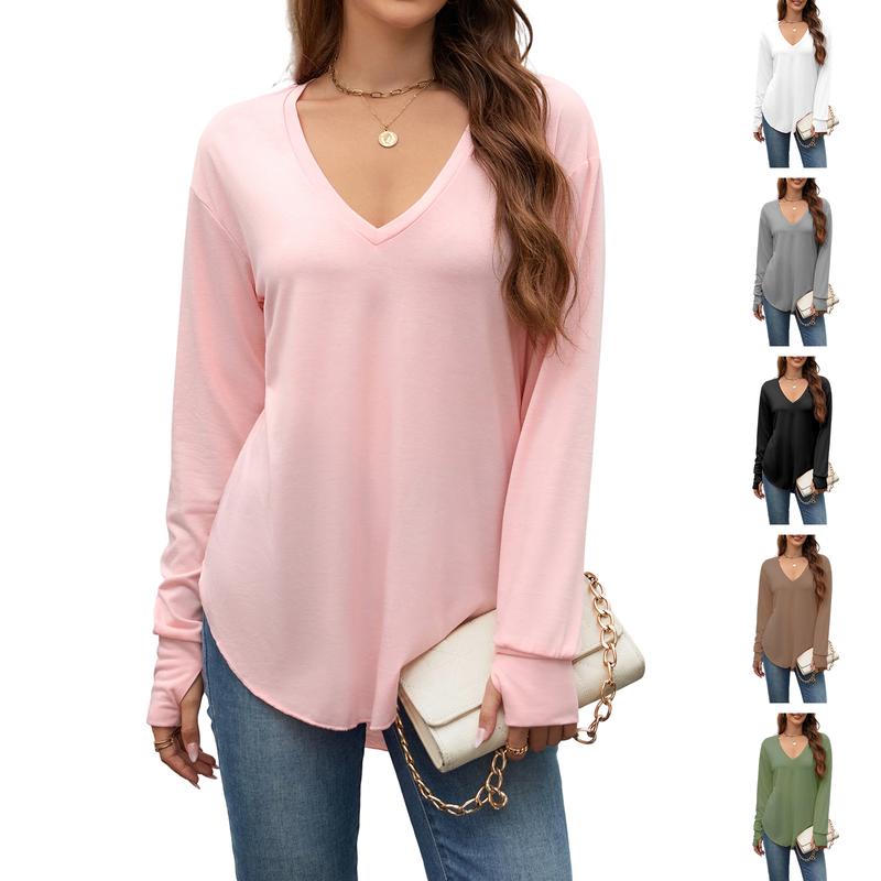 Renaishow Womens Deep V Neck Tunic Tops Long Sleeve Oversized Casual Loose Fit Curved Hem T Shirts with Thumb Holes Blouses Light Breathable Solid