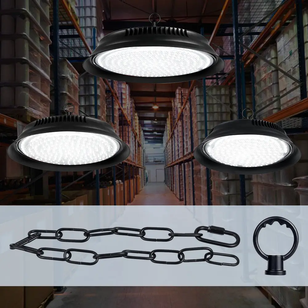 250W LED UFO High Bay Shed Hanging Light 100-277V Warehouse Office Factory Workshop Ceiling Lamp 200W Adjustable Height Garret Basement Parking Lot Market Safety Energy Saving Commercial Lighting with Chain Hook US Plug 150W