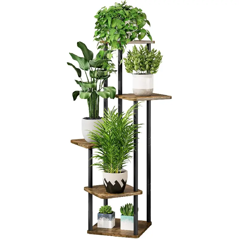 Black Modern 5-Tier Height-Adjustable Metal Iron MDF Rotating Assemble Plant Stand - Multi-Purpose Indoor Corner Flower Shelf for Patio, Living Room, Modern Home Decor
