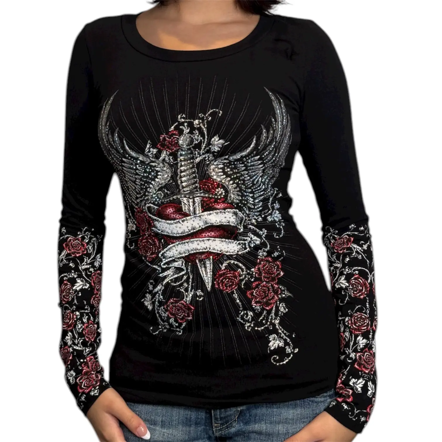 Mary Rhinestone Long Sleeve Cotton