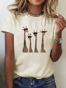 Cool Giraffe Squad Print T-Shirt Everyday Summer Funny Animal Graphic Casual Top