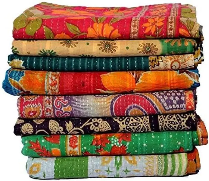 2 Piece Handmade Indian Vintage Kantha Quilts Reversible Bohemian Home Decor Blanket – Quilt for Sale Bed Sheet Bedspread -Assorted Color Twin Size 85X55 Inches Multi