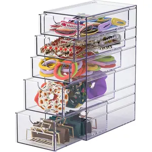 Clear Containers for Hair Accessory Organizing, Plastic Hair Accessory Organizer Box with 5 Drawers, Hair Accessory Container, Storage Organization Drawers Set for Hair Ties Accessory