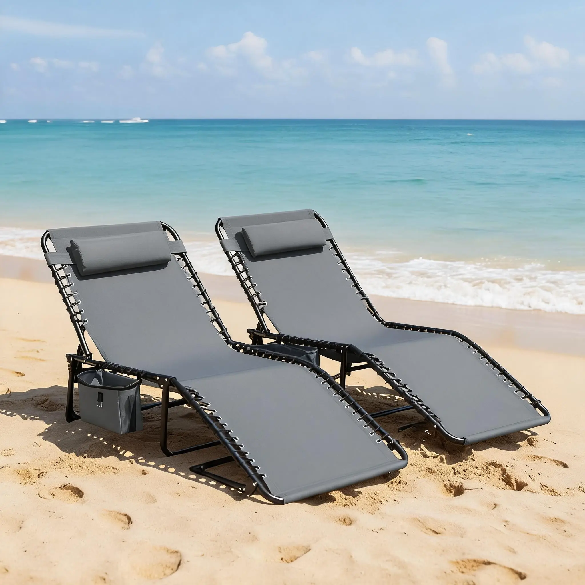5-Position Adjustable Outdoor Chaise Lounge Chair, Folding Patio Sunbed with Side Pocket and Removable Pillow, Portable Tanning Chair for Beach, Pool and Camping detachable headrest