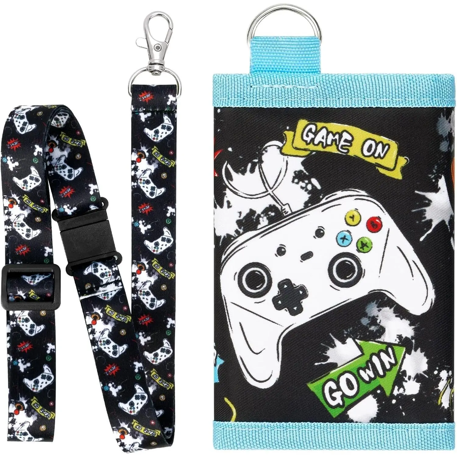 P-KWL02    Kids Wallet Boys Video Game Wallet with Lanyard Teens Gaming Purse Neck Stash Wallet Zippered Compact Tri-fold Coin Pocket Card Holders Kids Purse Boys Wallet Game Boy Birthday Gift