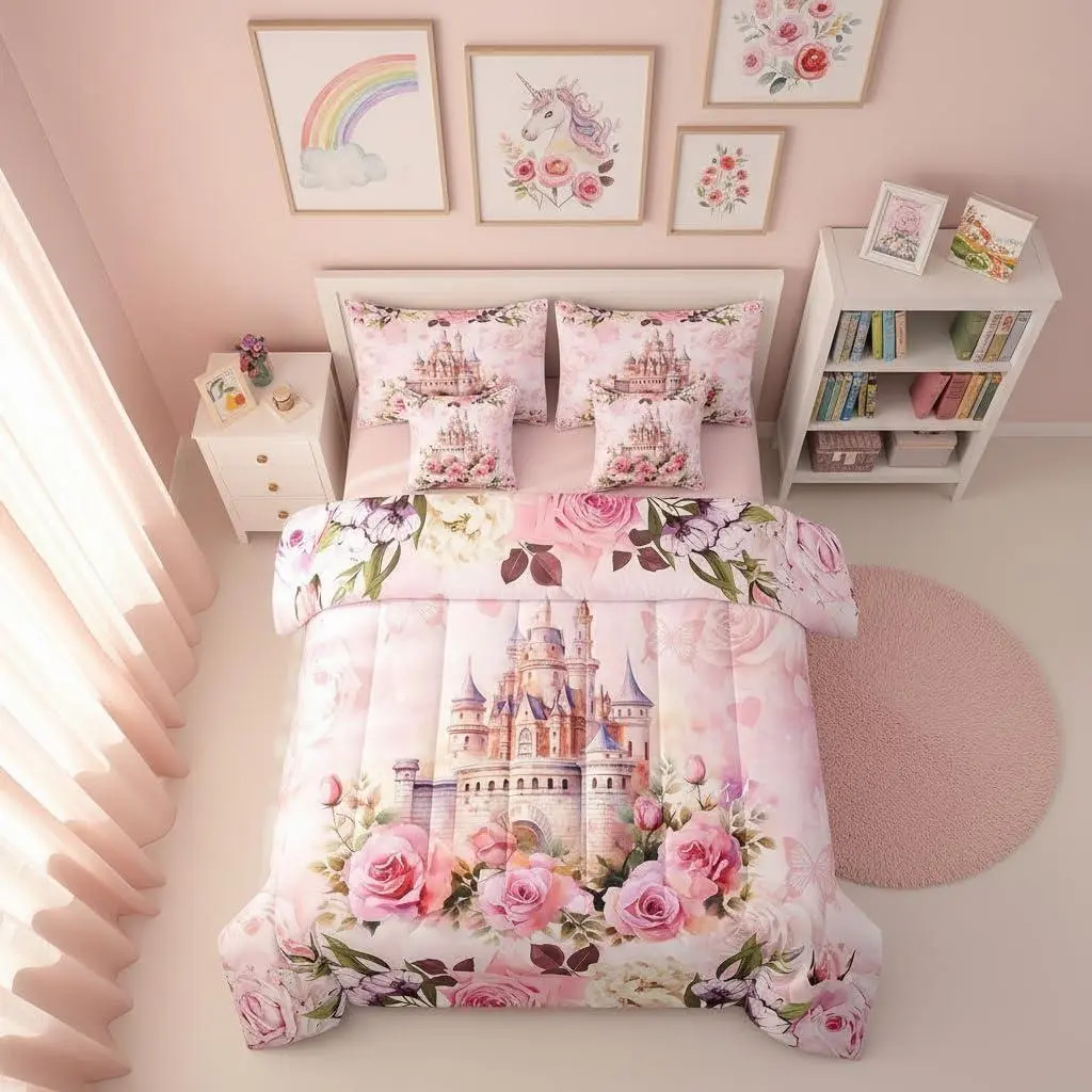 Kids Princess Comforter Set,Bed in a Bag 7 Piece Soft Cute Castle Bedding Set for Girls (1 Comforter,1 Flat Sheet,1 Fitted Sheet,2 Pillowcases,2 Pillow Cover),Pink